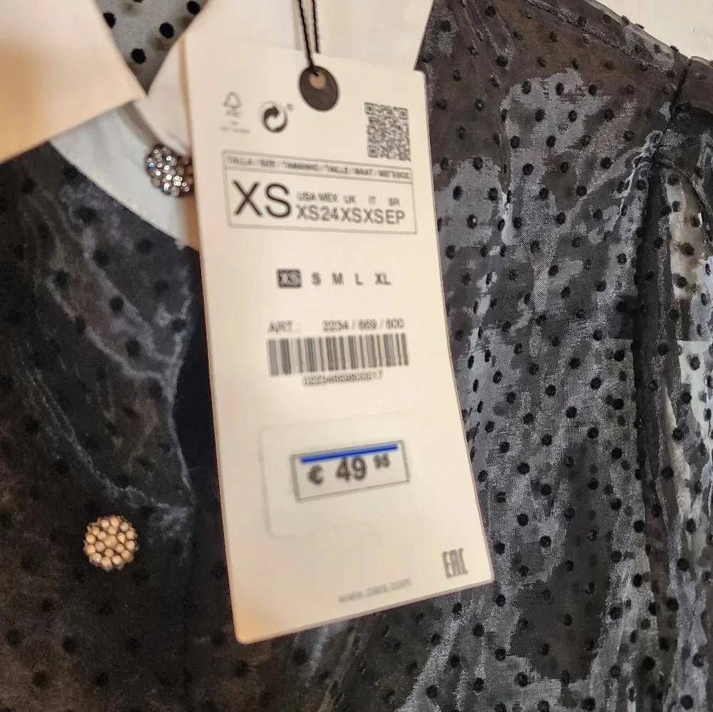 NWT Zara Jewel Button Black Sheer Velvet Dot Puff Sleeve Blouse Top Size Small